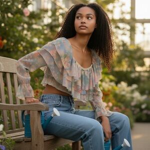 AFRM Floral Ruffle Long-Sleeve Crop Top in Pastel Pink & Blue